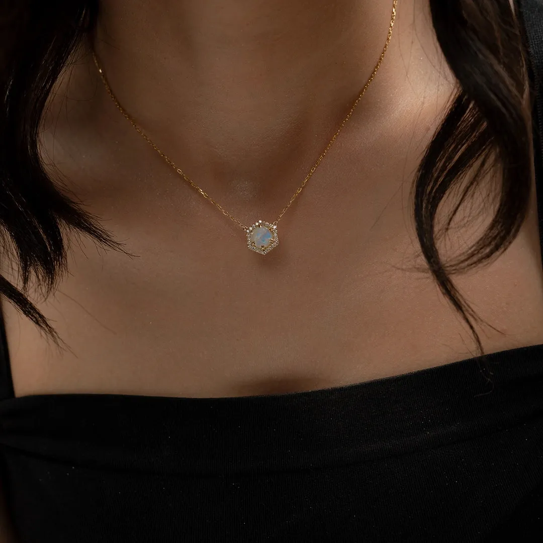 18K Gold Hexagon Moonstone Diamond Necklace