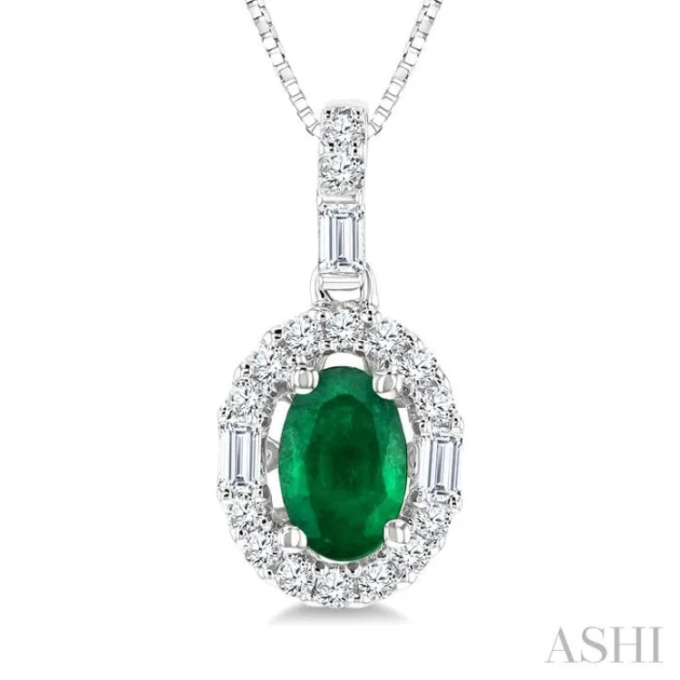 6x4 MM Oval Shape Emerald and 1/4 ctw Diamond Precious Pendant in 14K White Gold with Chain