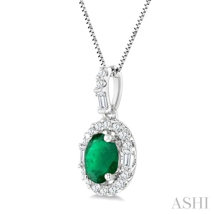 6x4 MM Oval Shape Emerald and 1/4 ctw Diamond Precious Pendant in 14K White Gold with Chain