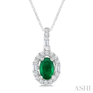 6x4 MM Oval Shape Emerald and 1/4 ctw Diamond Precious Pendant in 14K White Gold with Chain