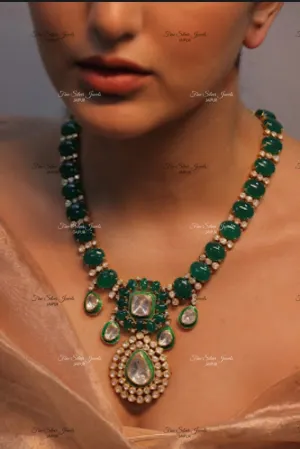 925 Silver GREEN ONYX POLKI NECKLACE