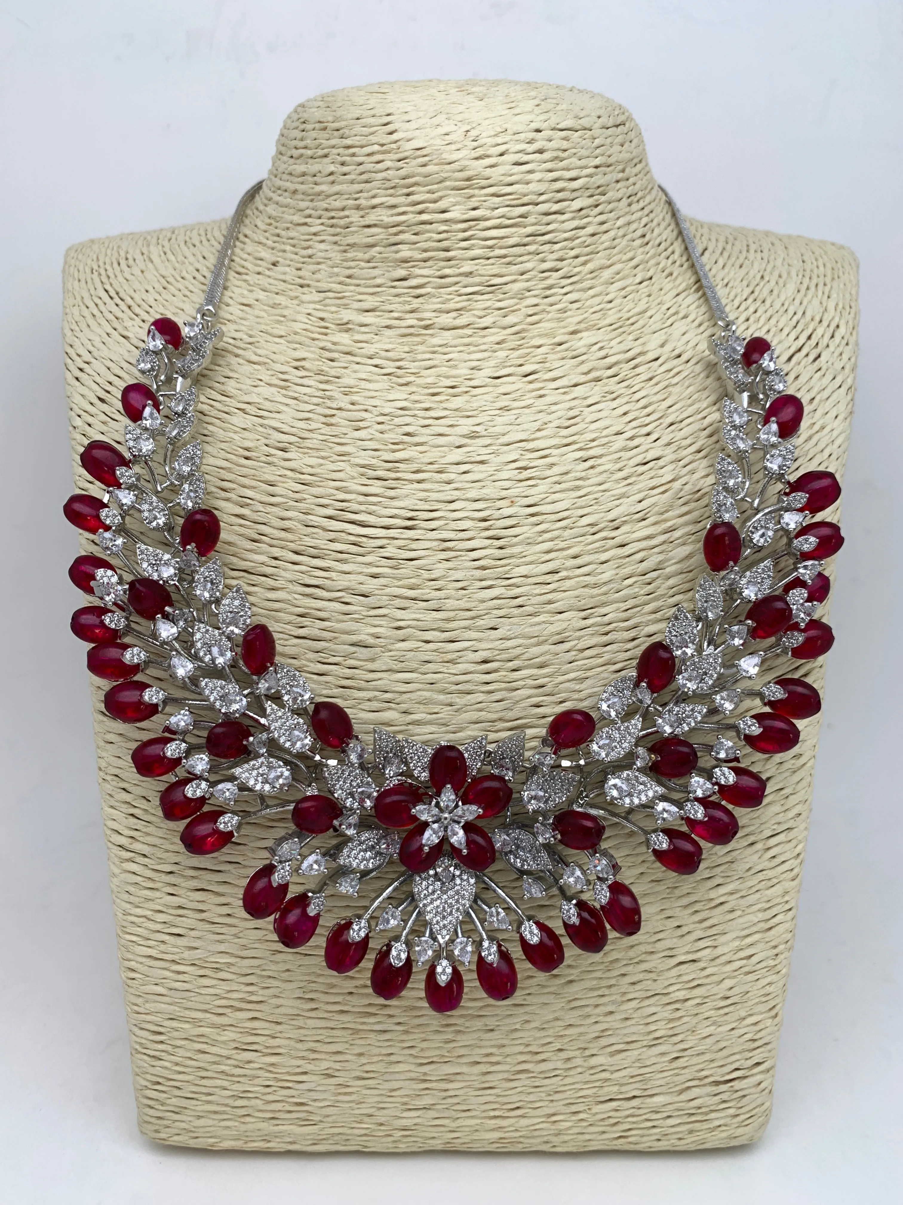AD Deep Red Stone Silver Finish Neckline Short Neckalce