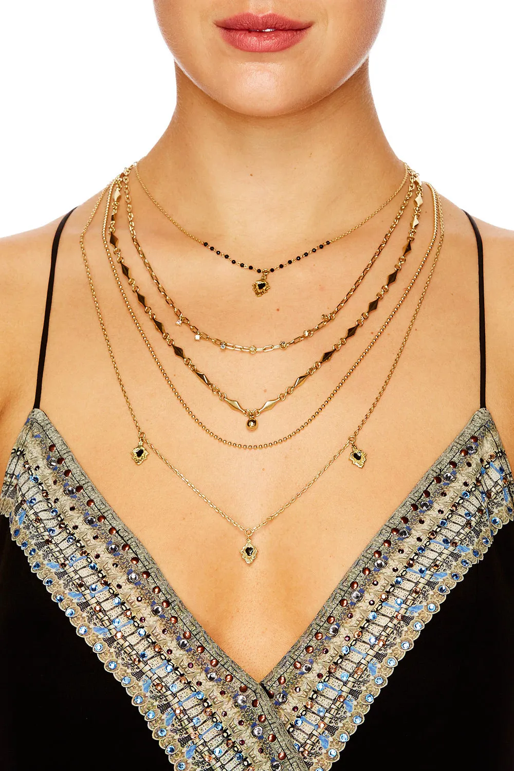 BEADED NECLACE WITH CHAINS GOLD BRASS