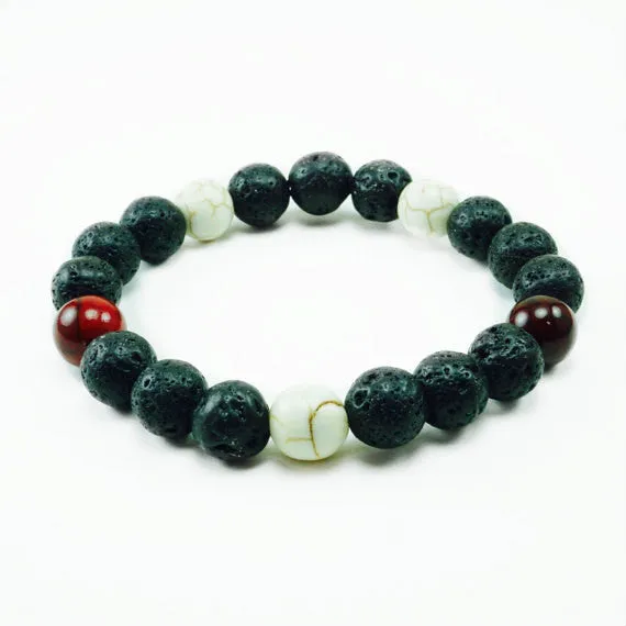 Black Maui 10mm Red Coral Howlite Lava Beaded Bracelet