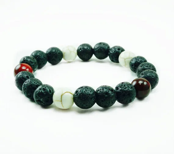 Black Maui 10mm Red Coral Howlite Lava Beaded Bracelet