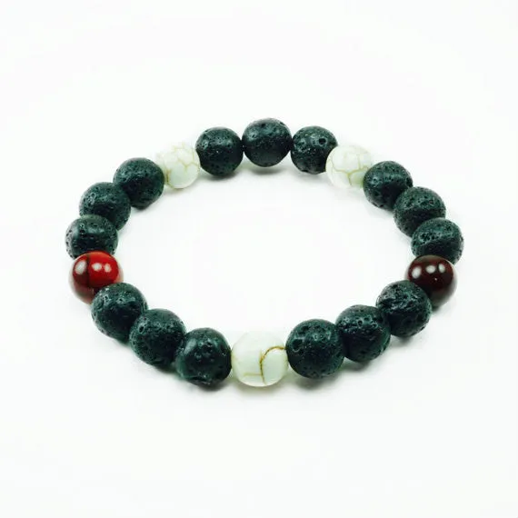 Black Maui 10mm Red Coral Howlite Lava Beaded Bracelet