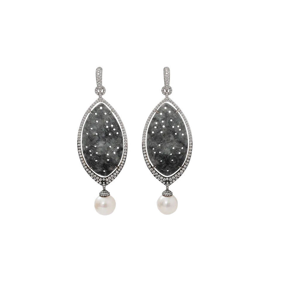Carved Grey Jade And Pearl Earrings