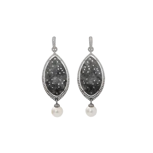 Carved Grey Jade And Pearl Earrings
