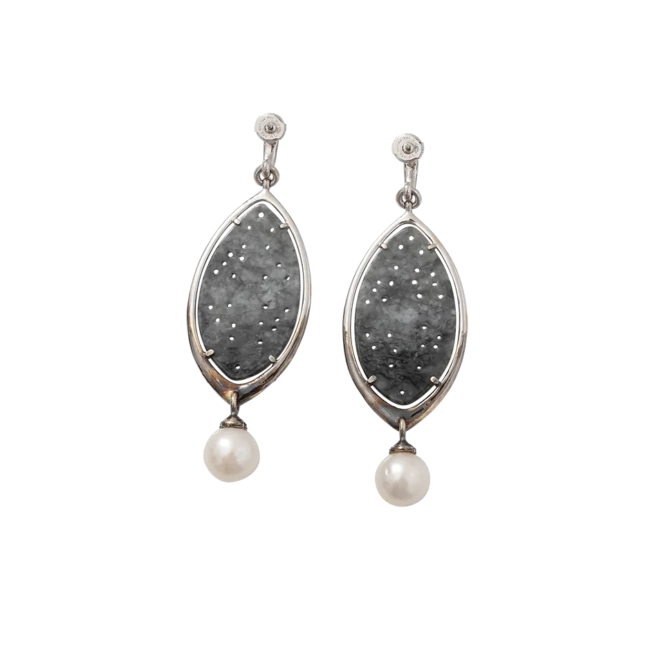 Carved Grey Jade And Pearl Earrings
