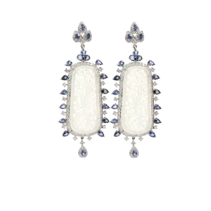 Carved White Jade Sapphire Diamond Earrings