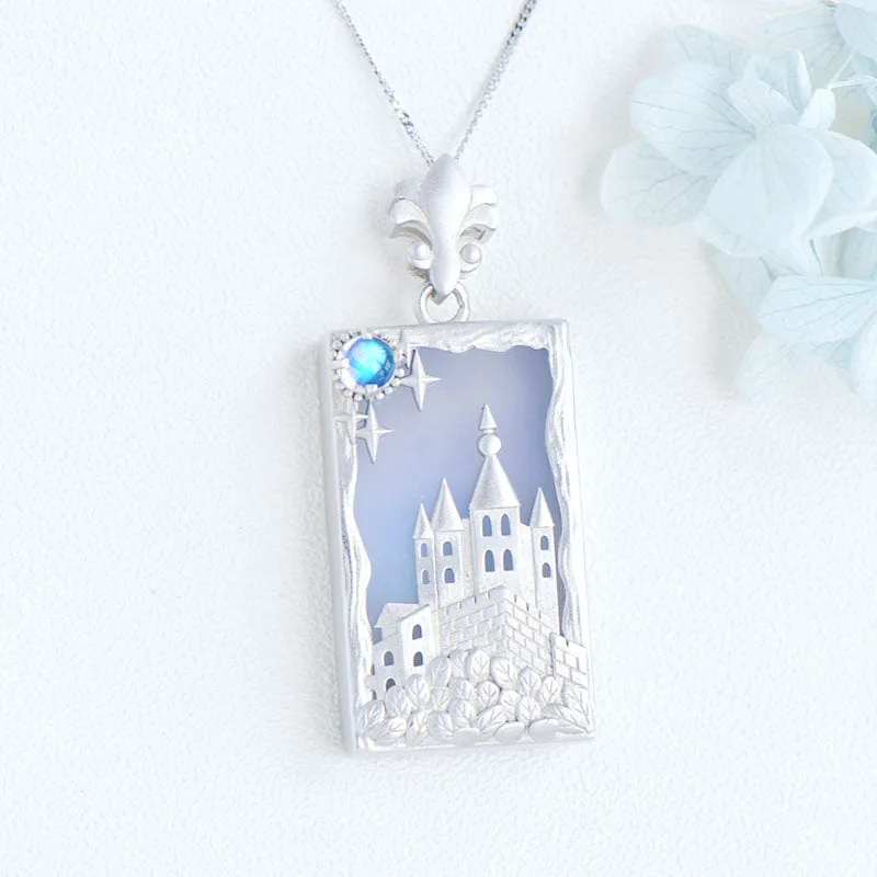 Castle Shaped Ladies Sterling Silver Moonstone Chalcedony Pendant Necklace for Women