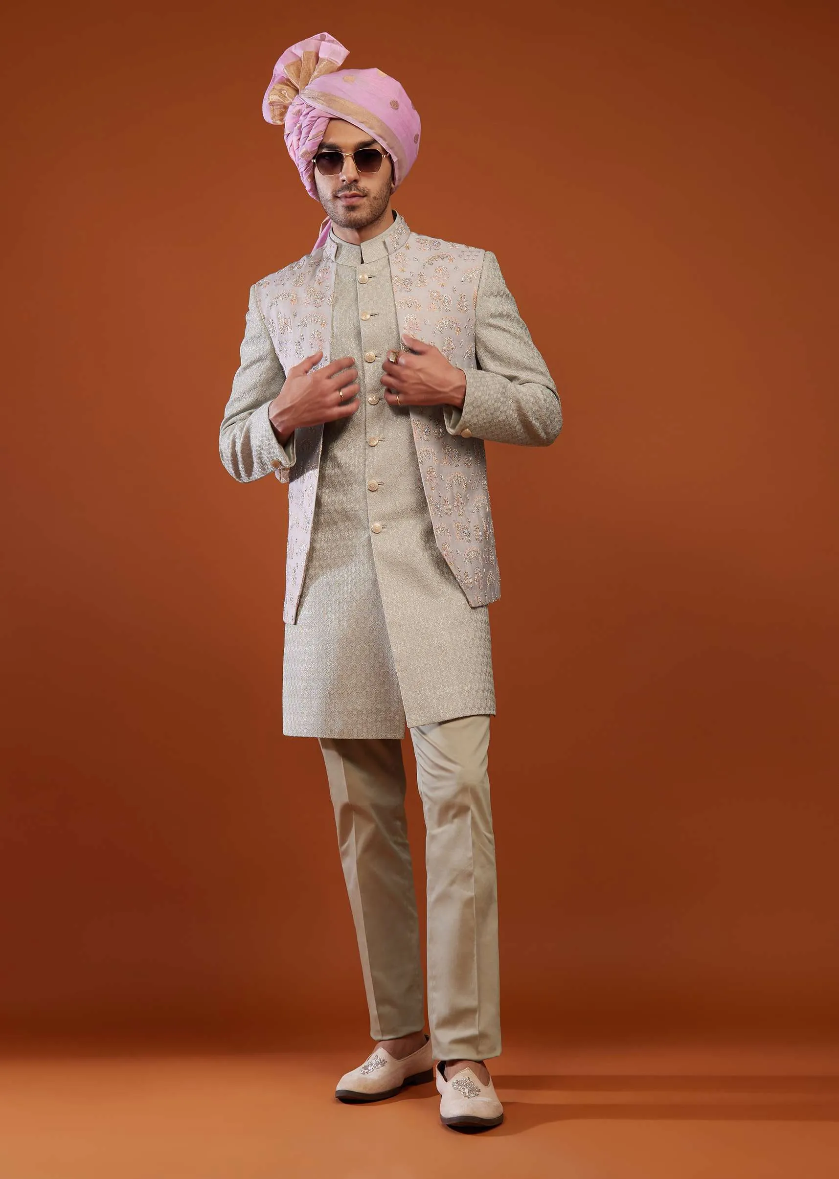 Champagne Brown Embroidered Jacket Sherwani Set
