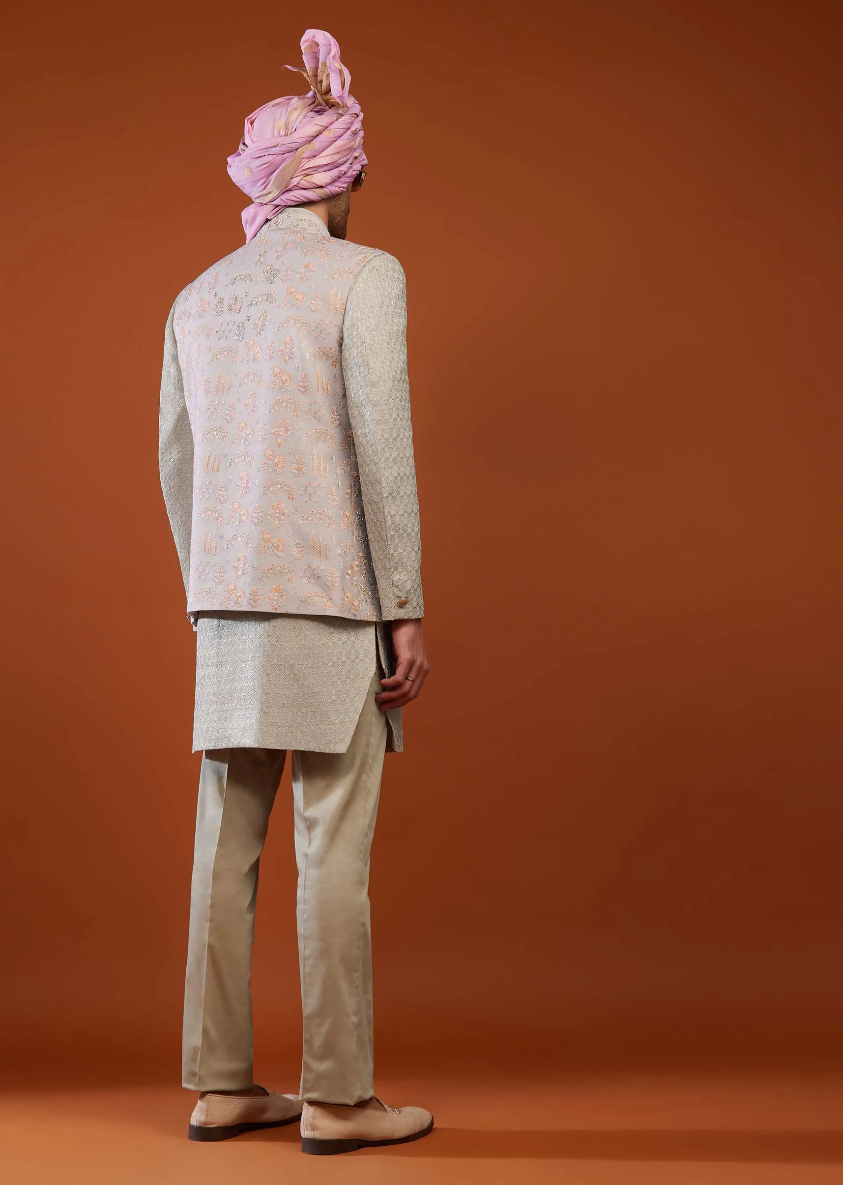 Champagne Brown Embroidered Jacket Sherwani Set