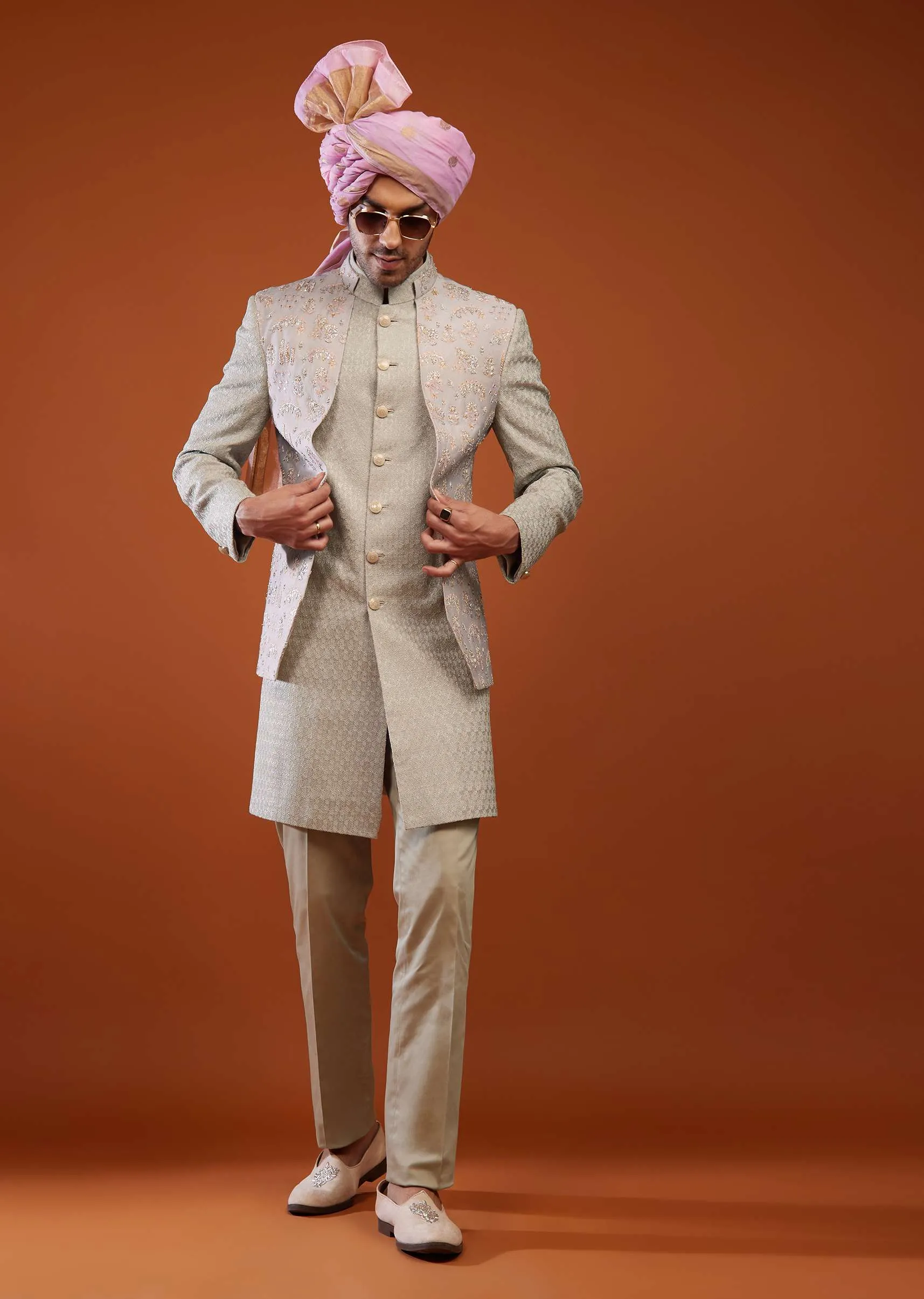 Champagne Brown Embroidered Jacket Sherwani Set