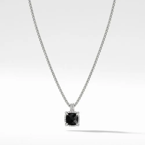 Chatelaine Pave Bezel Pendant Necklace with Black Onyx and Diamonds, 9mm