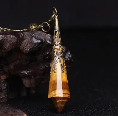 Color: Tiger eye - Spirit pendulum divination pendant energy stone natural crystal necklace gray moonlight purple powder white yellow blue sand black meteorite six-pointed star