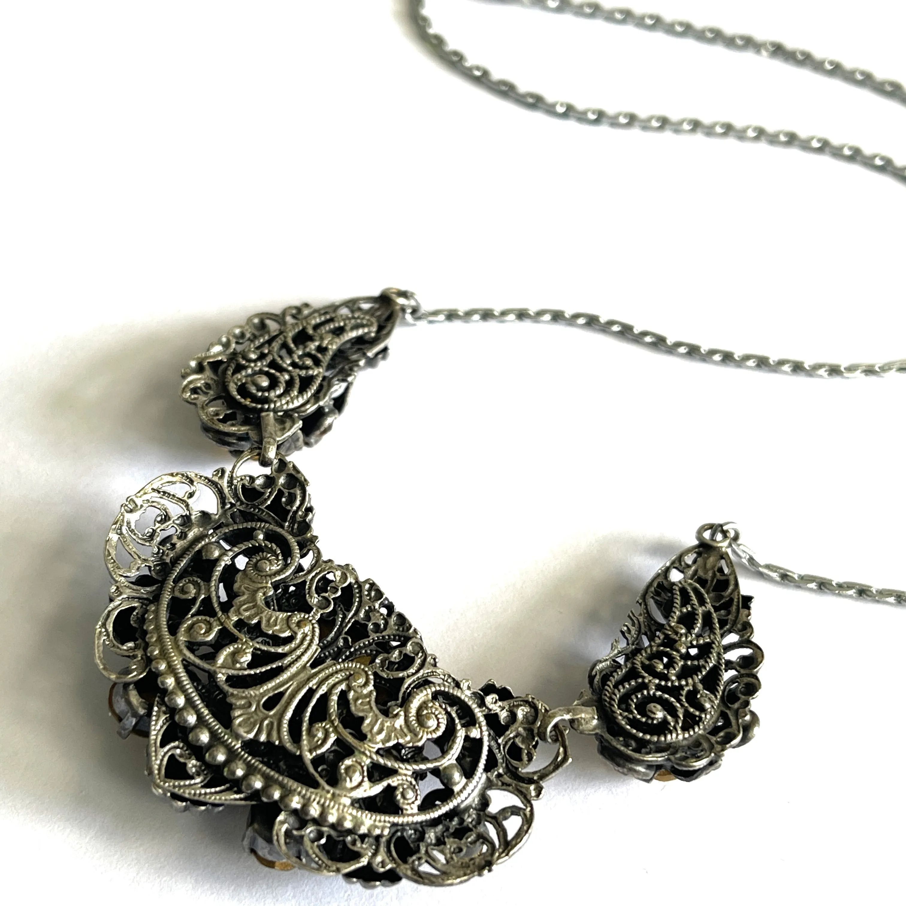 Czech Amber Stone Filigree Necklace