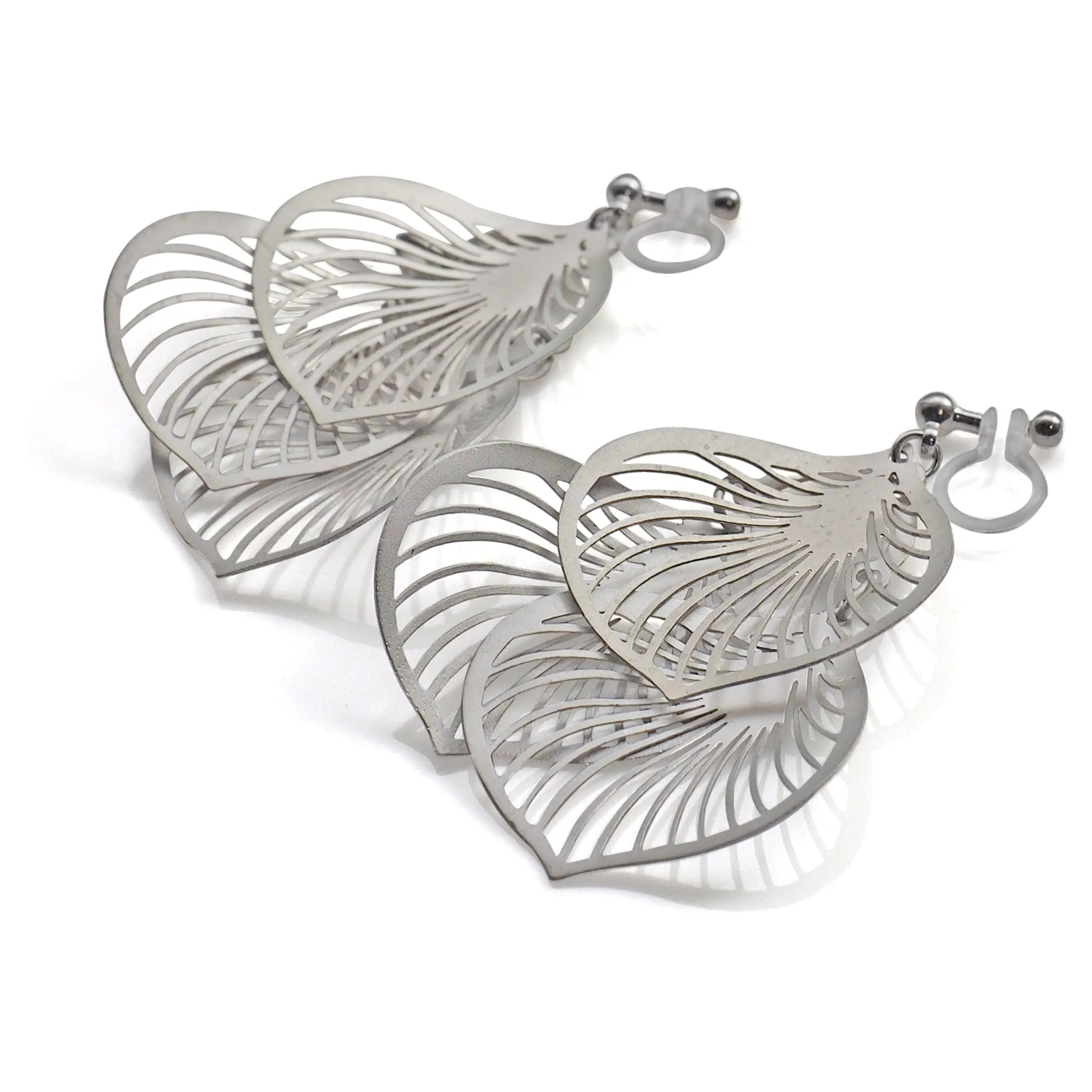 Dangle silver three leaf filigree invisible clip on earrings