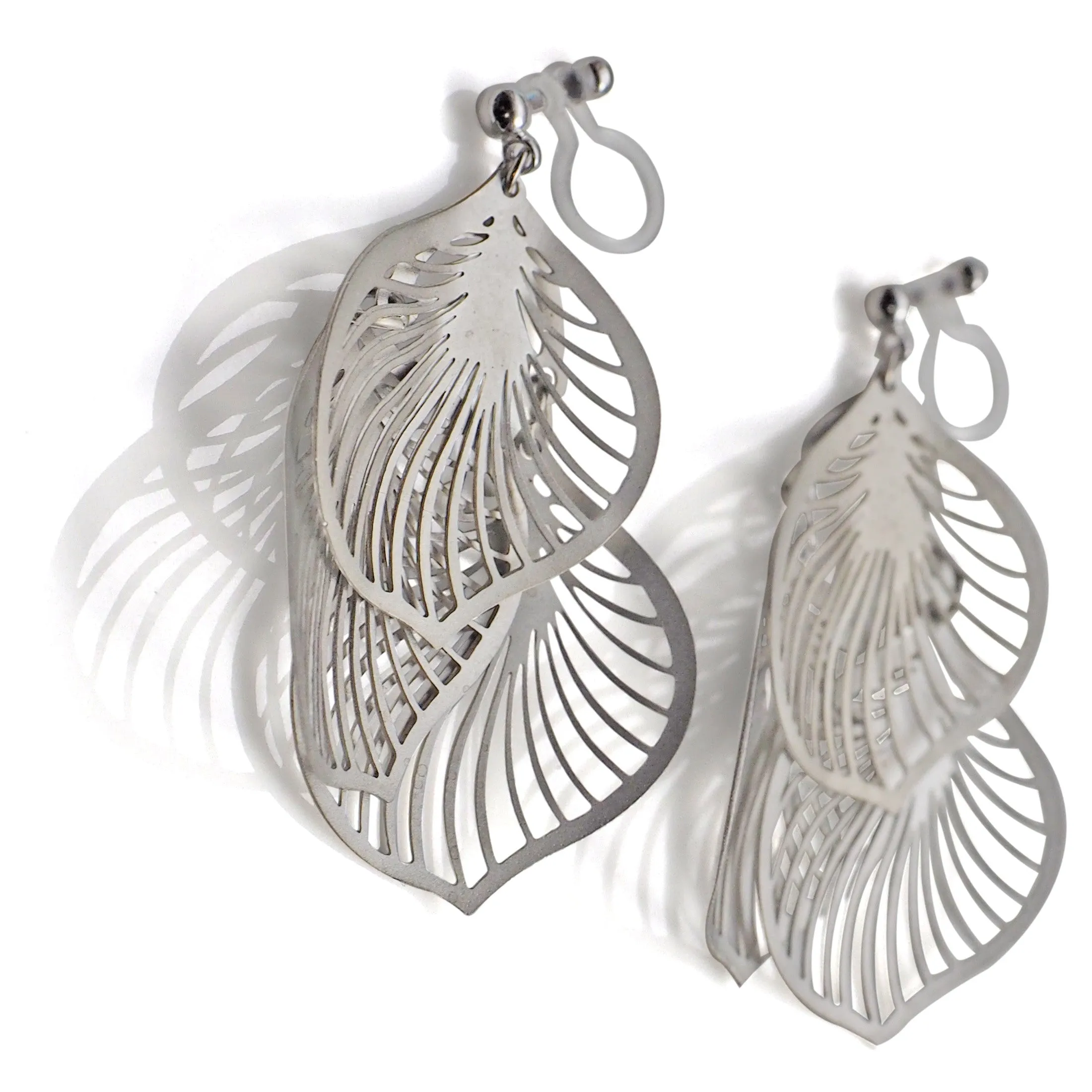 Dangle silver three leaf filigree invisible clip on earrings
