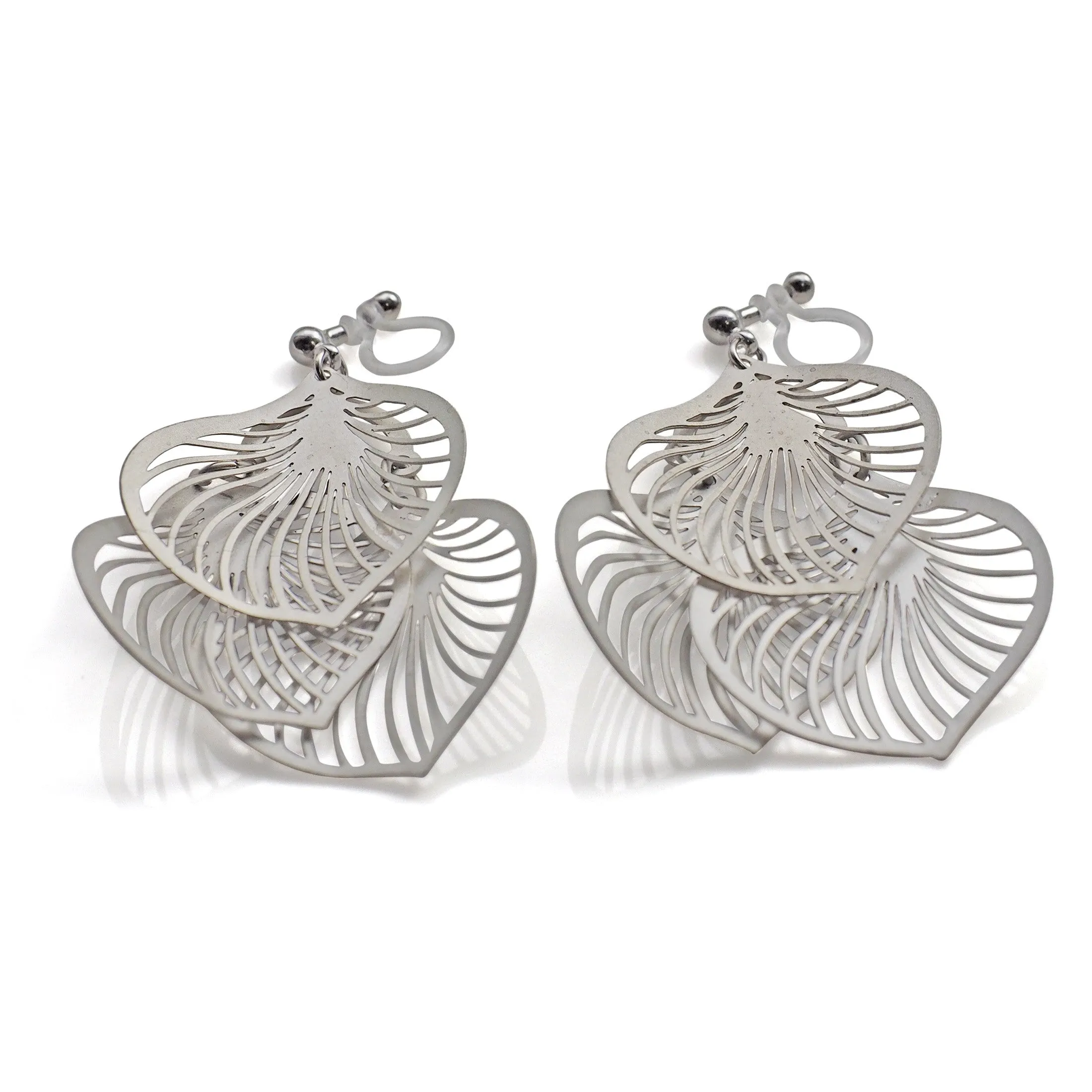 Dangle silver three leaf filigree invisible clip on earrings