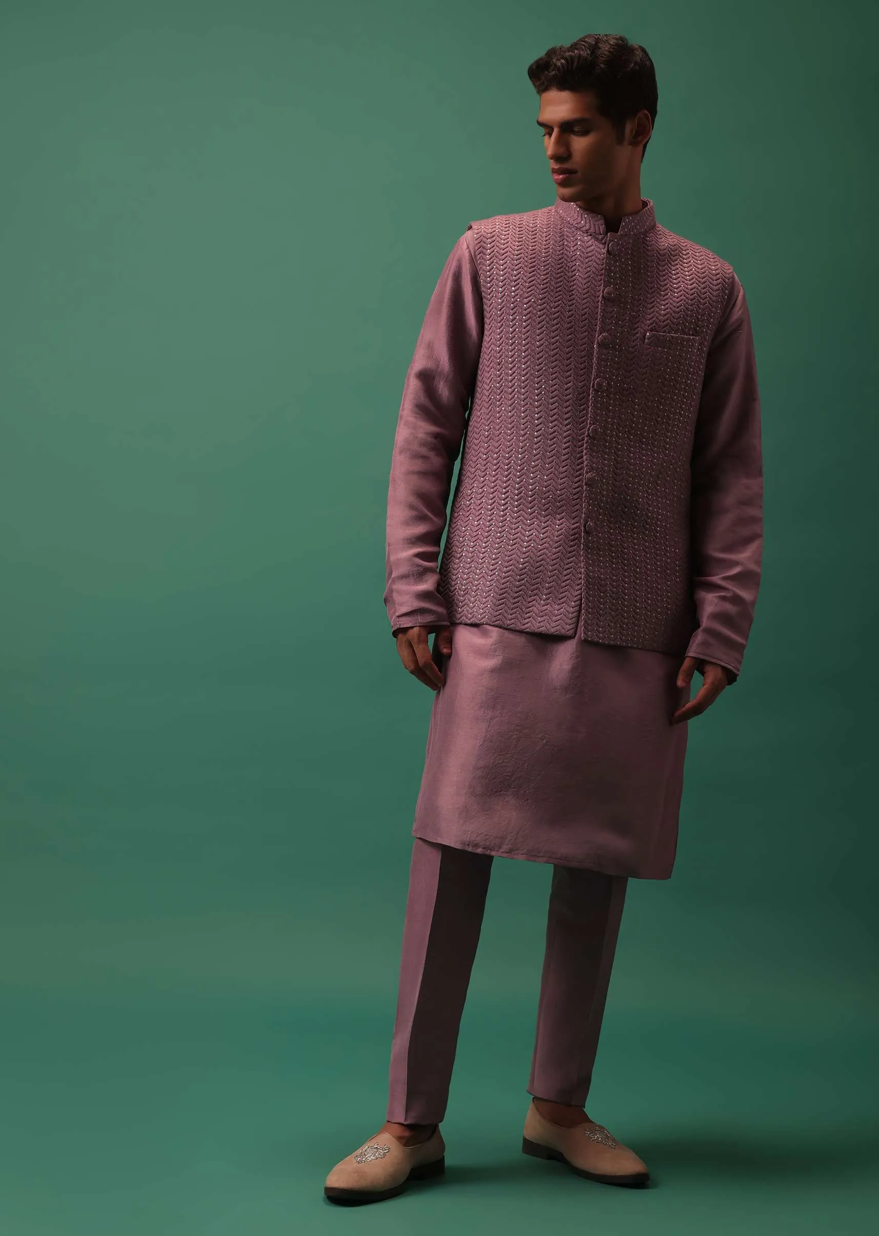 Dark Pink Self Embroidered Bandi Jacket And Kurta Set