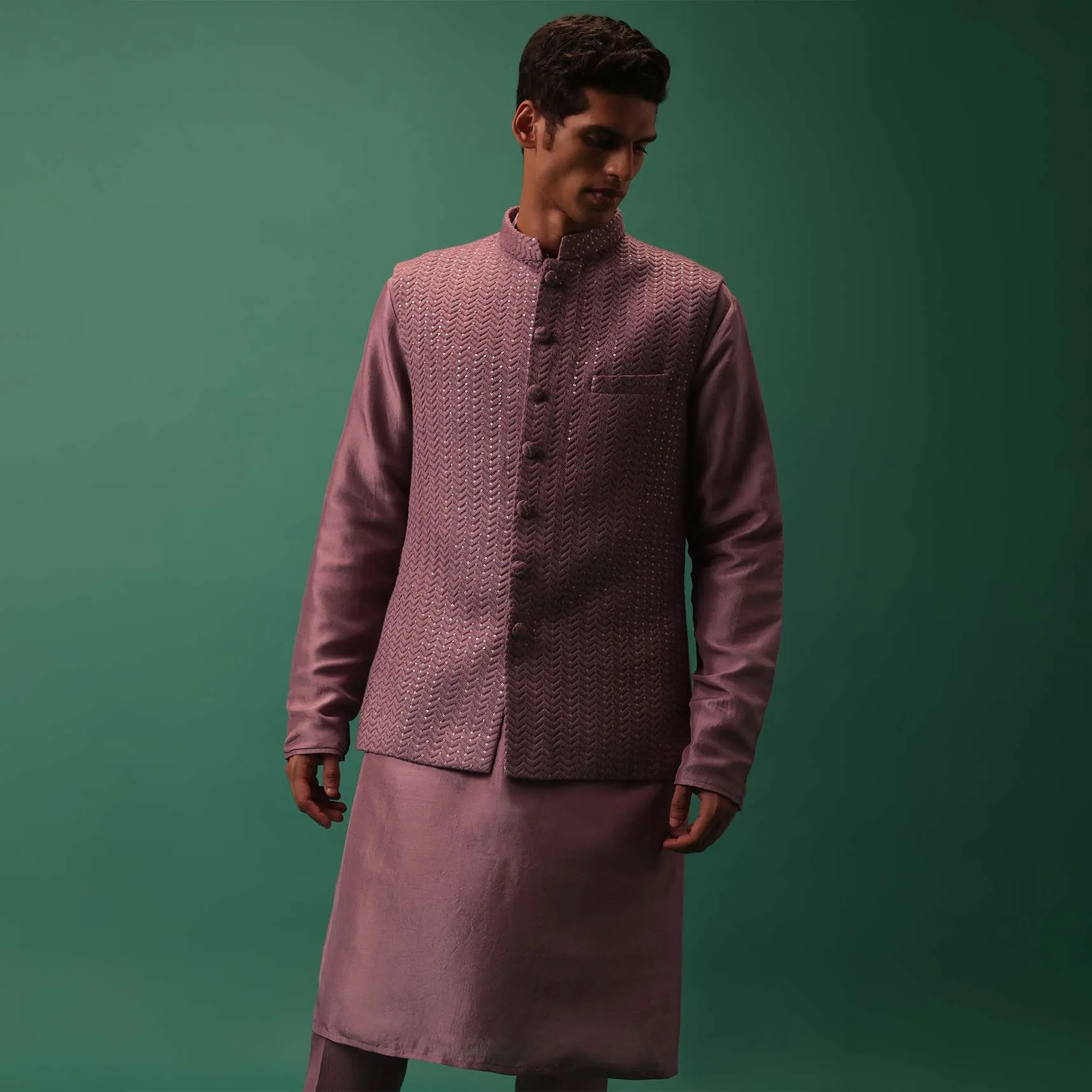 Dark Pink Self Embroidered Bandi Jacket And Kurta Set