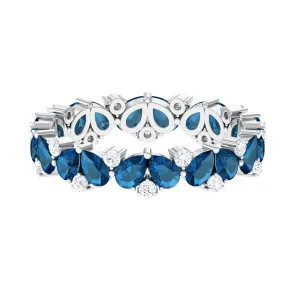 Designer Pear Cut London Blue Topaz and Moissanite Eternity Ring