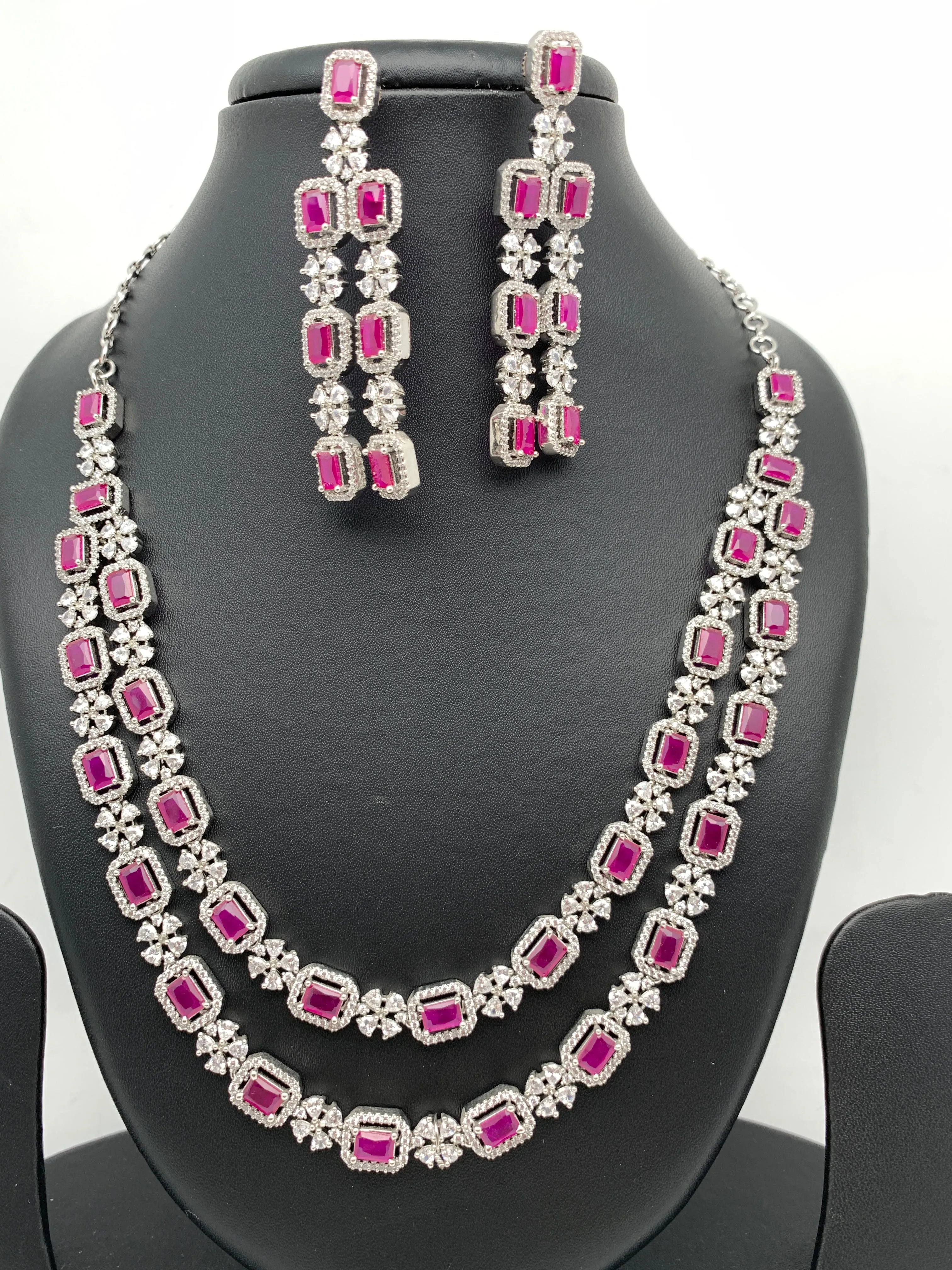 Double Layer Ruby Red Stone AD Silver Polish Short Necklace