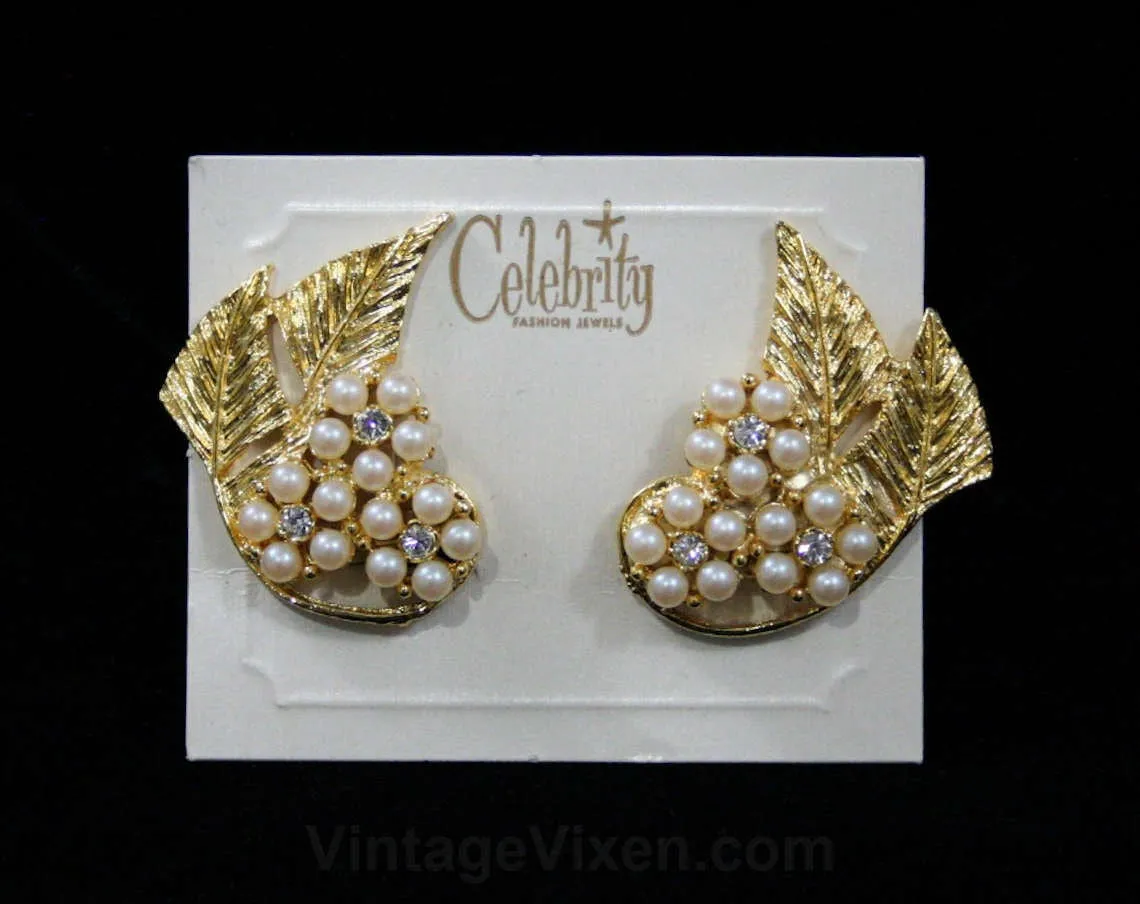 Glam 1950s Earrings - Wing Like - Faux Pearls & Rhinestones - Goldtone Metal Leaves - Celebrity Fashion Jewels - Deadstock on Card - 42406