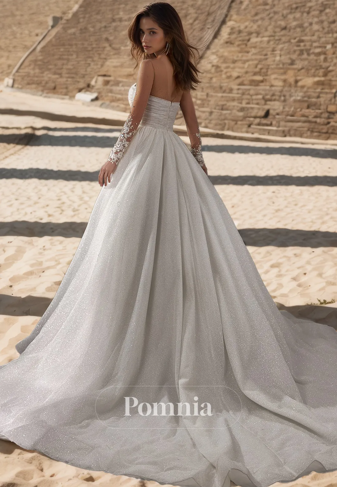 Glamorous Long Sleeves Scoop A-Line Beads Ruched Satin Wedding Dress