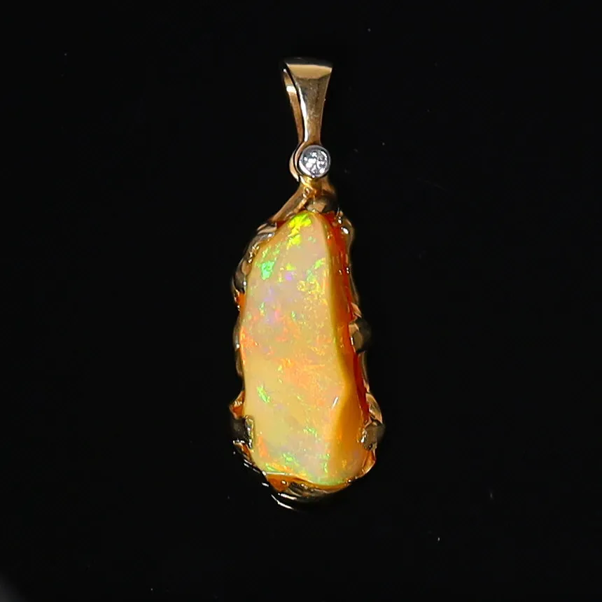 Hand Carved Natural African Opal Free Form One of a Kind Pendant. 14K Yellow Gold.