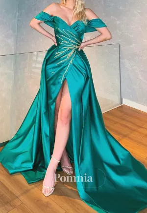 Jade Off-Shoulder Sequins Ruched Slit Evening Dress