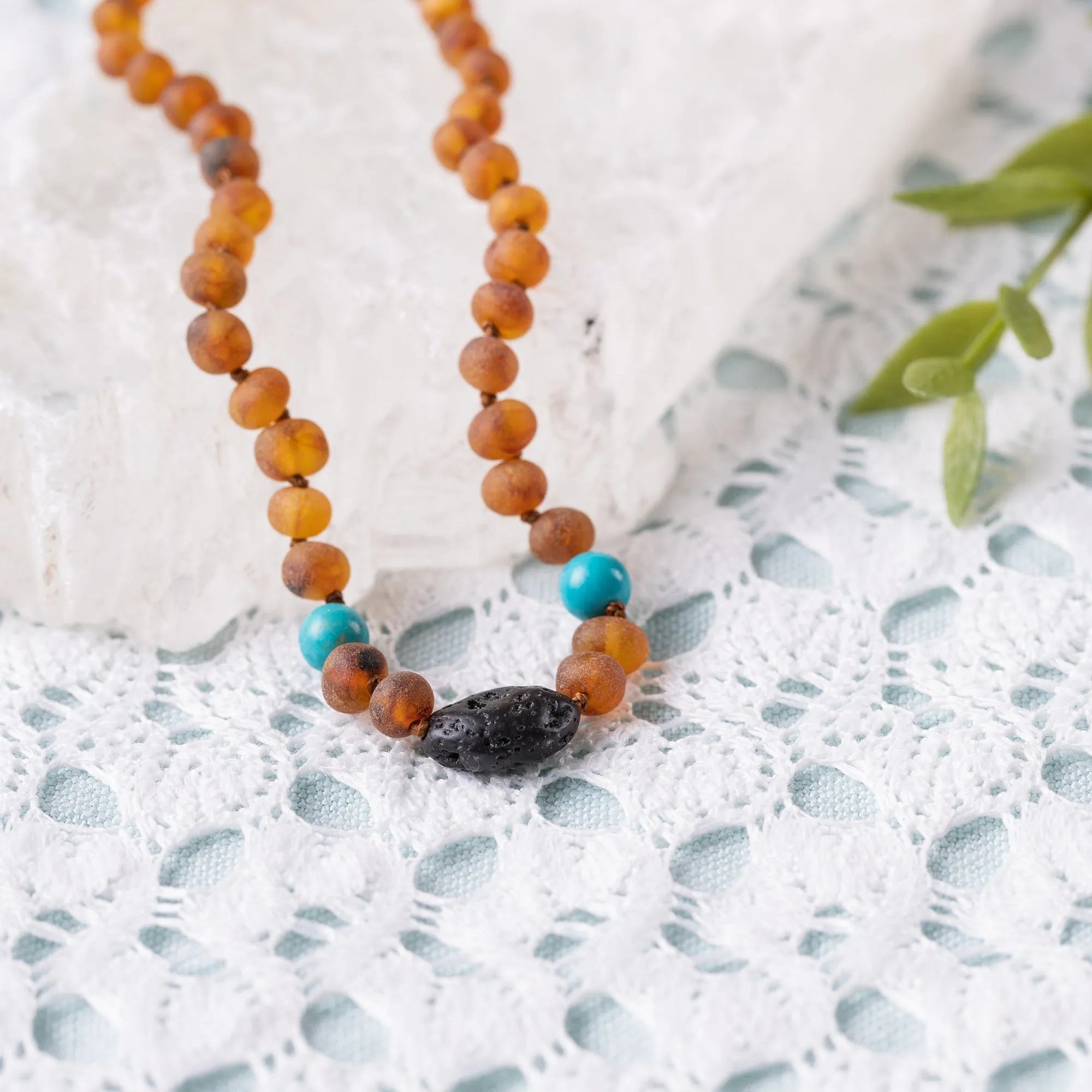 Kids | Turquoise   Raw Cognac Aromatherapy Pendant Necklace
