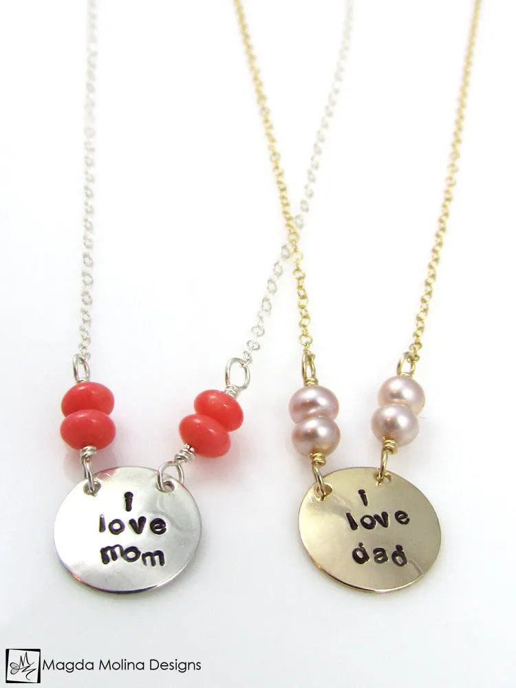 Mini Goddess (children) "i love mom/dad" Stamped Silver Necklace