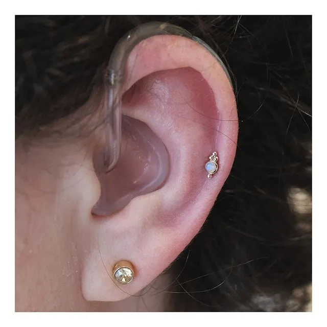 Opal Four Ball Trinity Earring by Maria Tash in 14K White Gold. Flat Stud.