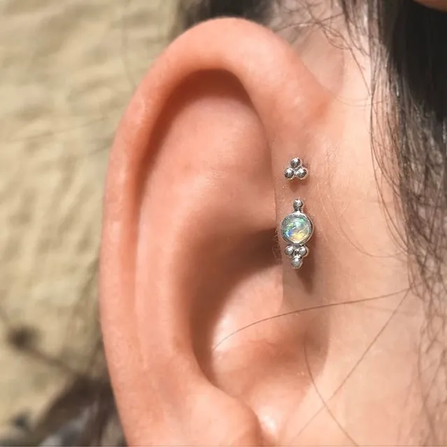 Opal Four Ball Trinity Earring by Maria Tash in 14K White Gold. Flat Stud.