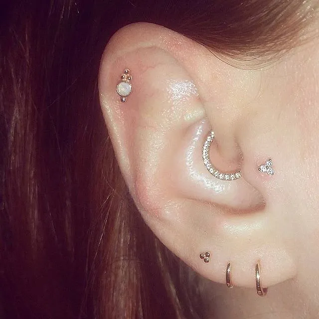 Opal Four Ball Trinity Earring by Maria Tash in 14K White Gold. Flat Stud.