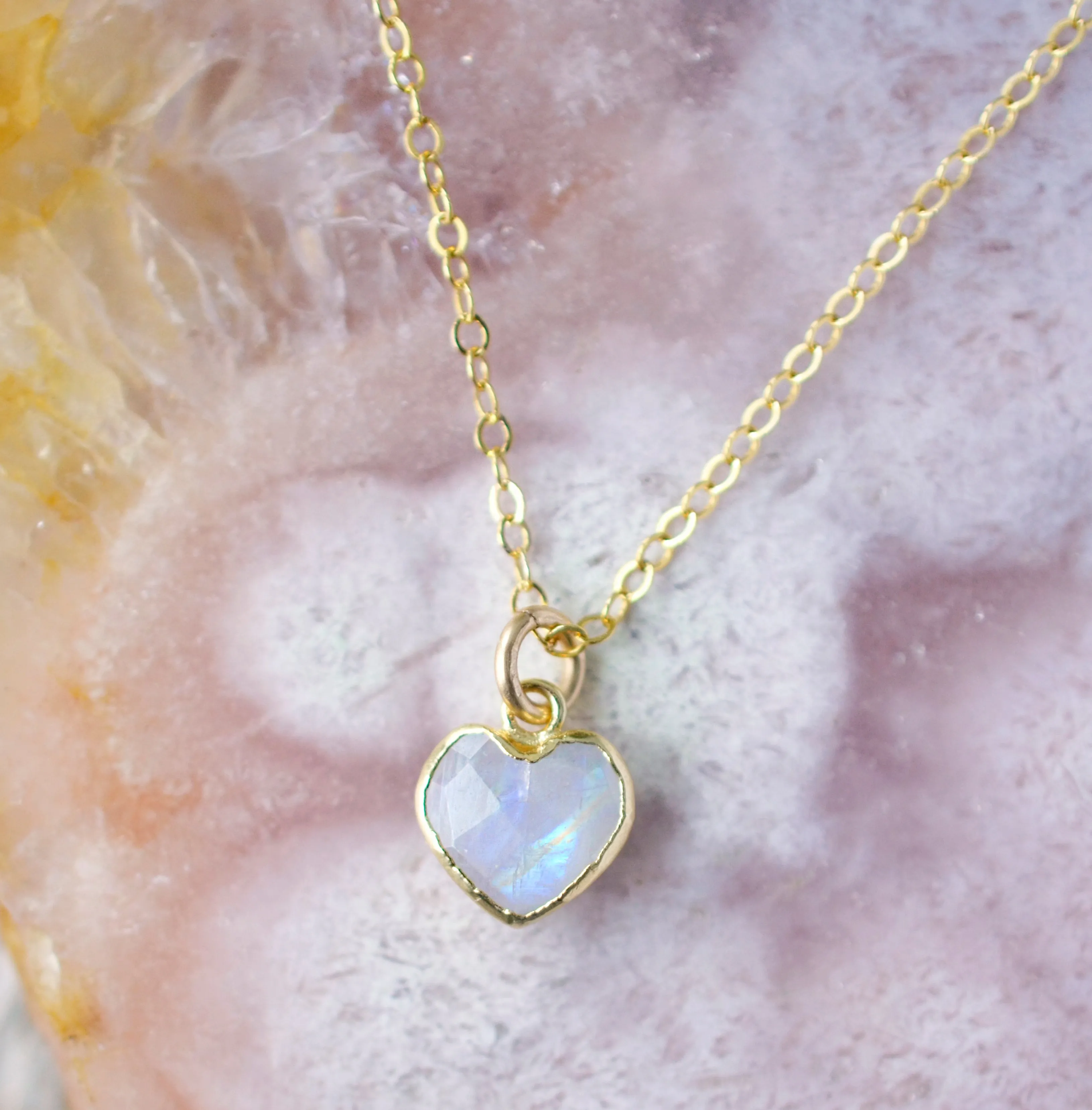 Rainbow Moonstone Heart Necklace in 14k Gold Filled