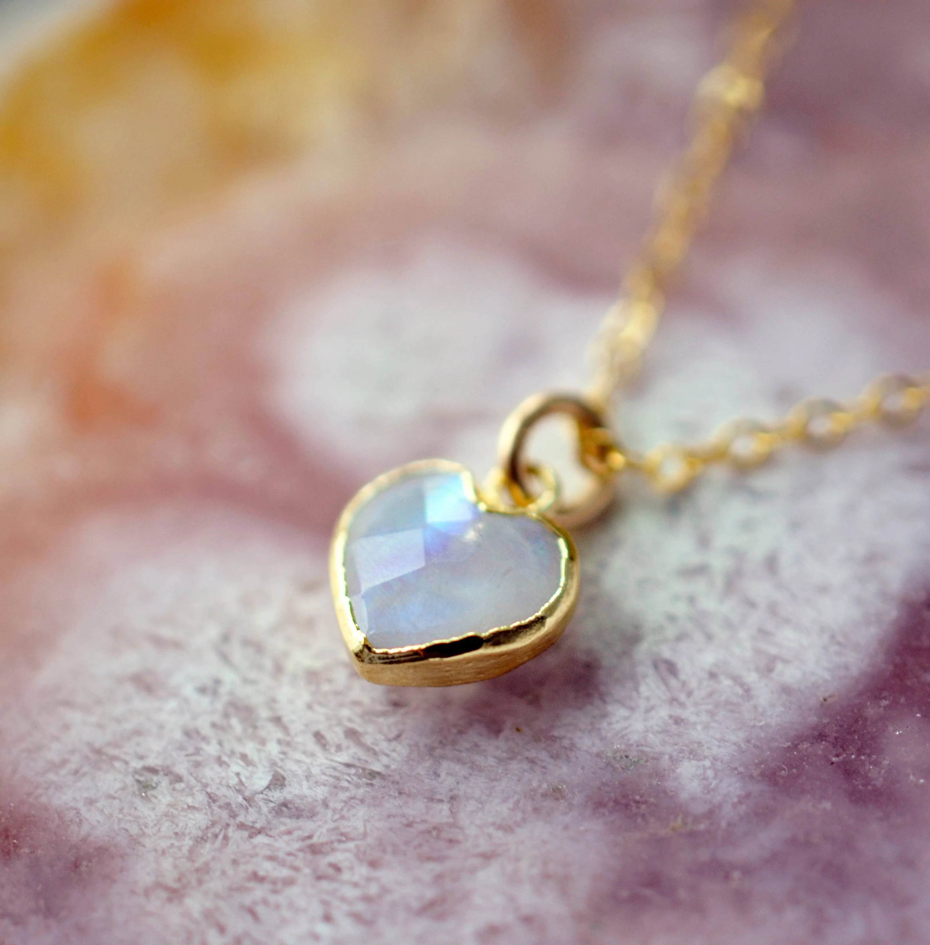 Rainbow Moonstone Heart Necklace in 14k Gold Filled