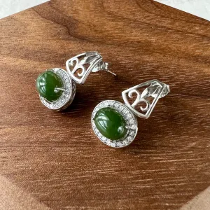 Regal Harmony Jade Earring Studs, Green Nephrite Jade Sterling Silver Earrings, JSY-0424-12089