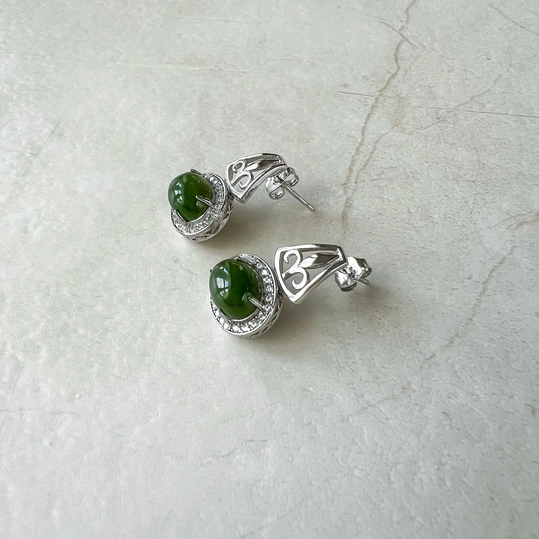 Regal Harmony Jade Earring Studs, Green Nephrite Jade Sterling Silver Earrings, JSY-0424-12089