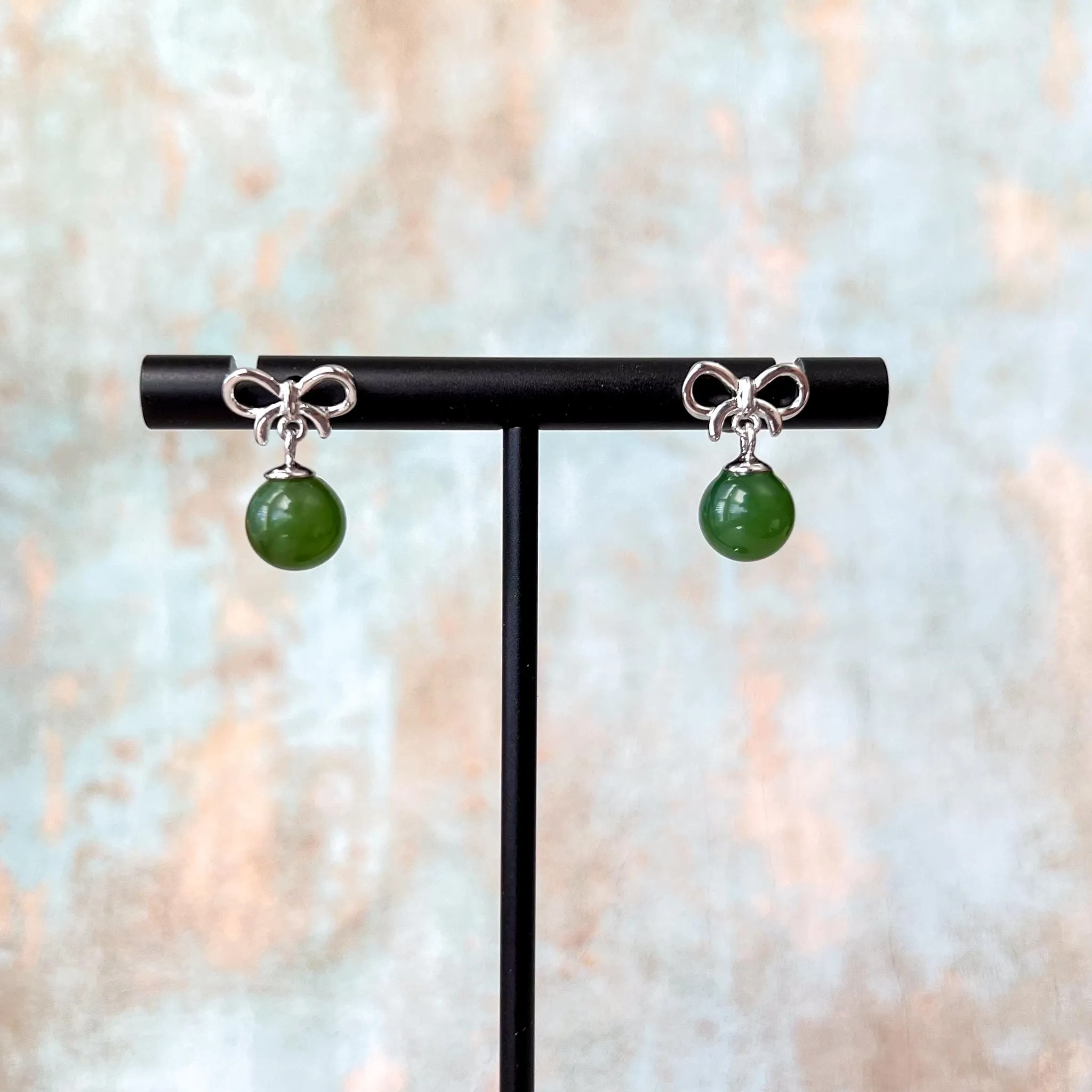 Ribbon Green Jade Earring Studs, Green Nephrite Jade Sterling Silver Earrings, JSY-0424-12017