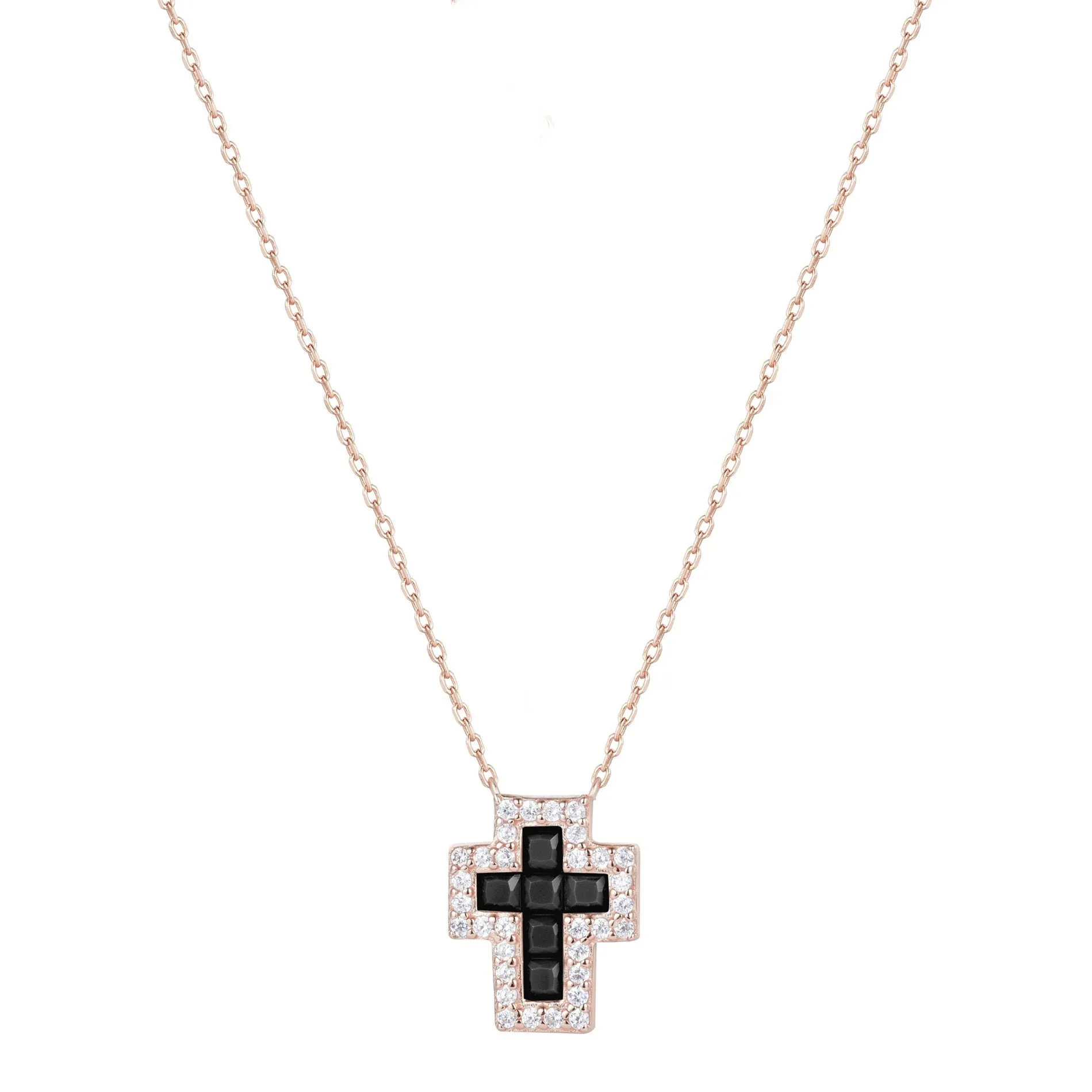 SARAI ONYX CROSS ROSE GOLD NECKLACE