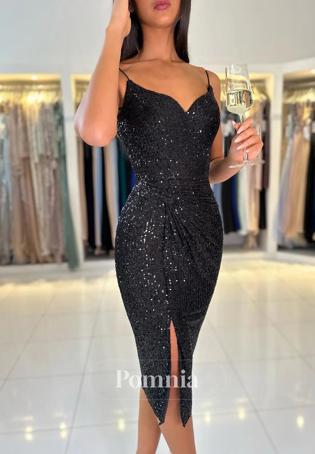Spaghetti Straps Sweetheart Sequins Short Prom Dress