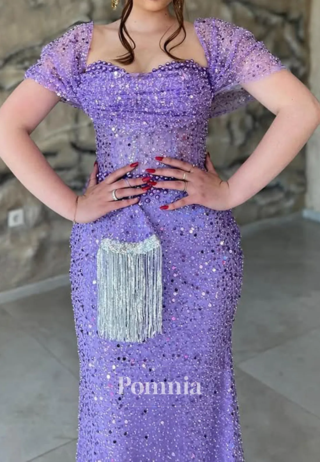 Sparkly Cap Sleeves Empire-Waist Floor-Length Prom Party Dress