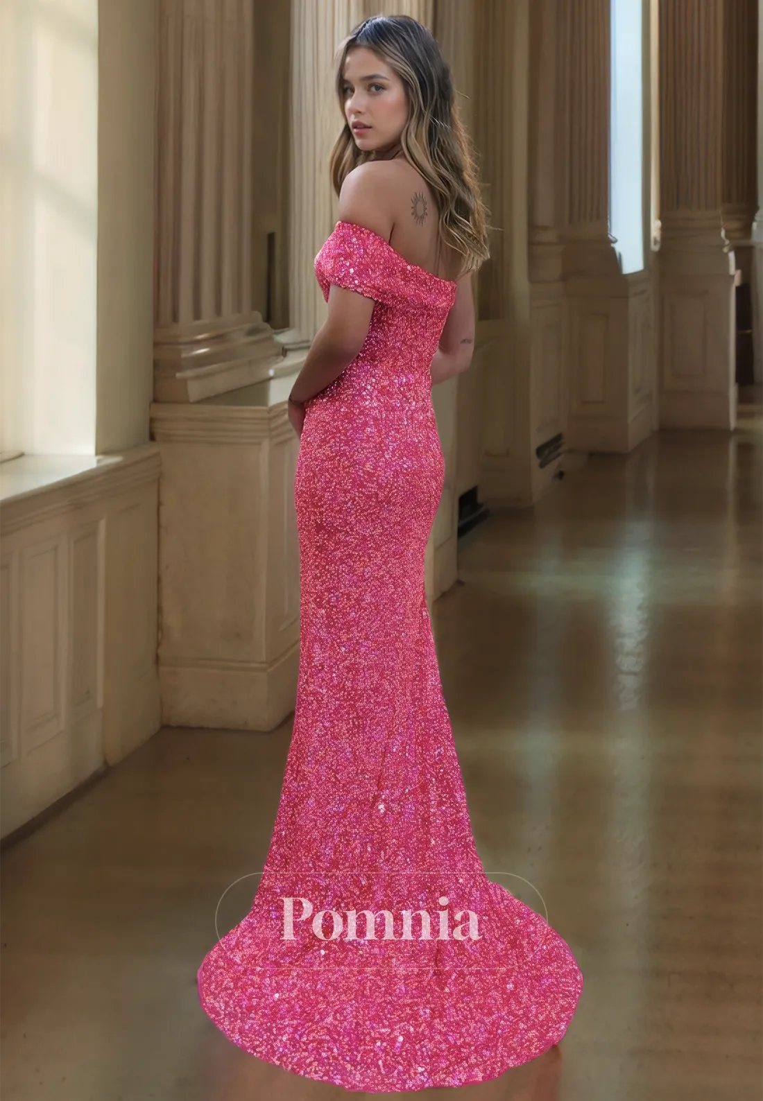 Sparkly Fuchsia Strapless Prom Dress with Slit Floor-Length Evening Party Dress