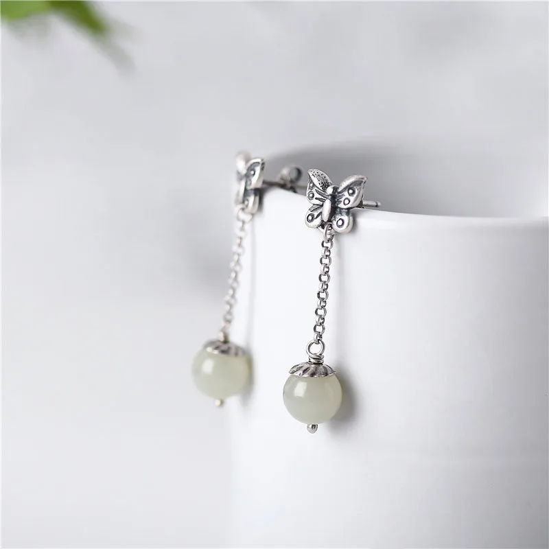 Sterling Silver Dangle Earrings with Hetian Jade Handmade Jewelry Accessories Gift for Women