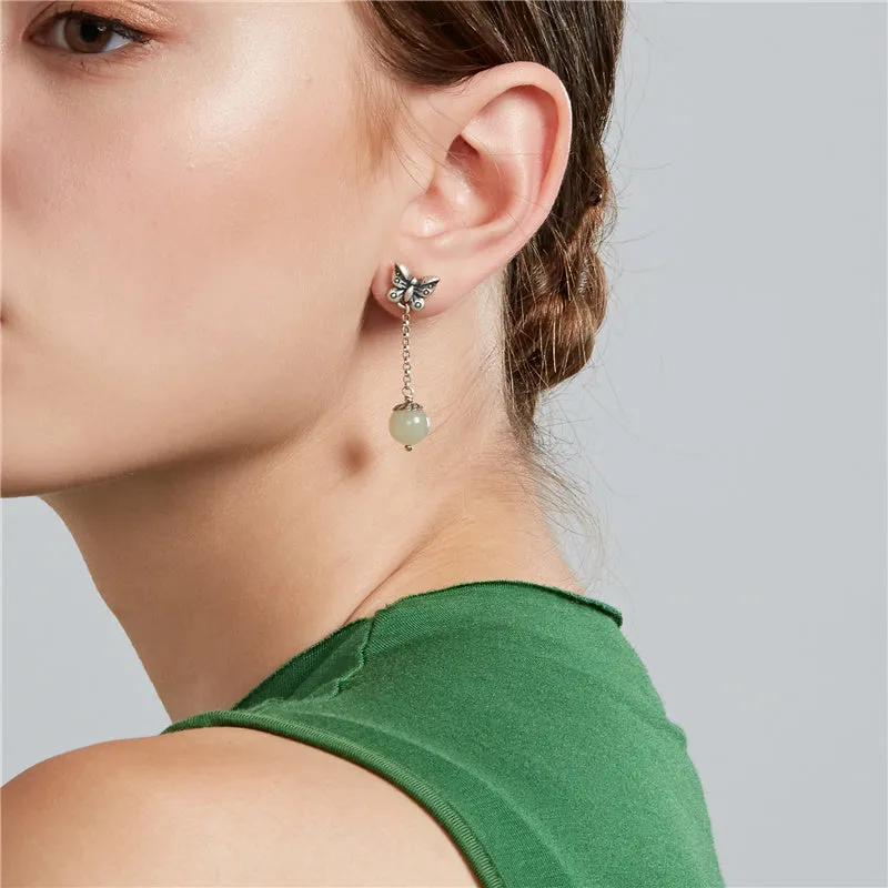 Sterling Silver Dangle Earrings with Hetian Jade Handmade Jewelry Accessories Gift for Women