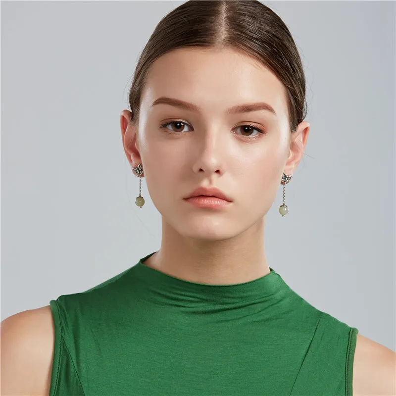 Sterling Silver Dangle Earrings with Hetian Jade Handmade Jewelry Accessories Gift for Women
