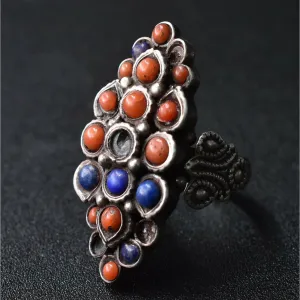 Tibetan Handcrafted Silver Coral and Lapis Vintage Ring Collector Item